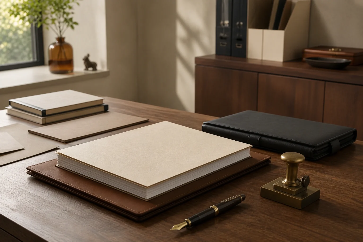 Company-incorporation folio and formal founding materials in a modest office