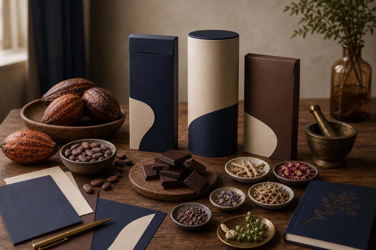 Finished chocolate, Ayurvedic botanicals, and premium packaging prepared for brand launch
