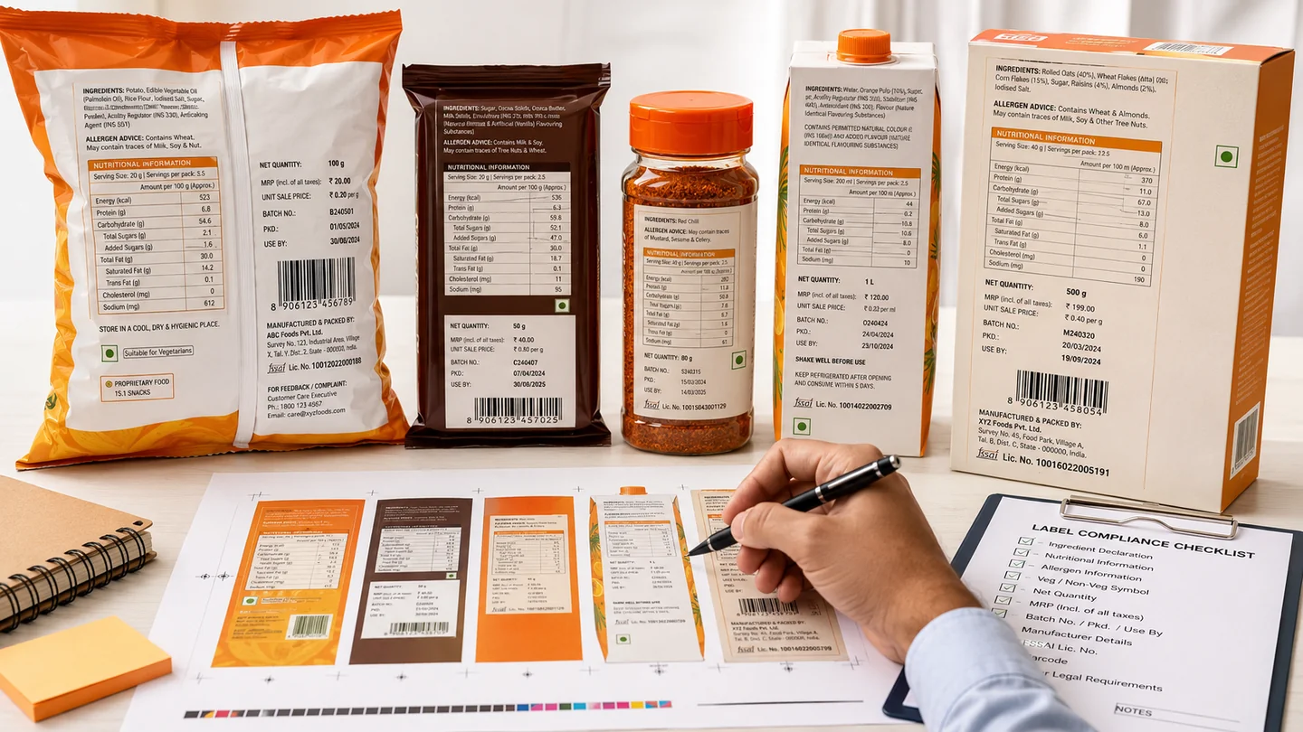 Packaged food artwork and back-of-pack label panels arranged for a compliance review.