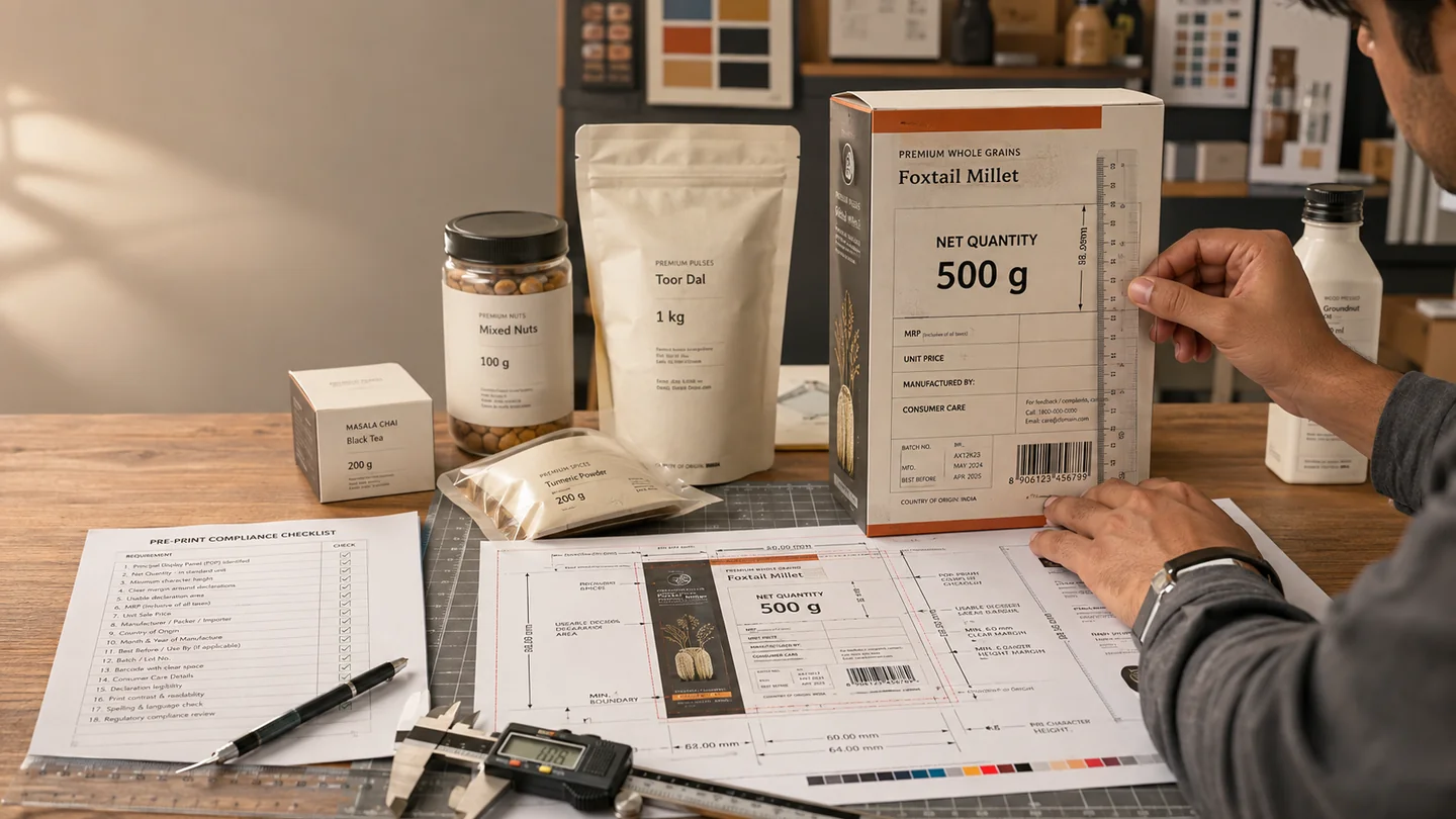 Pack artwork and packaged commodities being checked with precision measuring tools for declaration sizing.